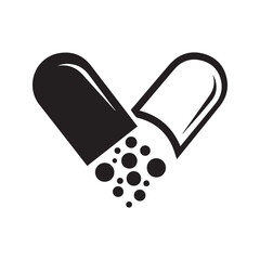 Abstract open capsule pill icon in a heart shape, medical healthcare logo design with granules.
