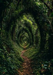 Lush, winding path through a dense, verdant tunnel of trees
