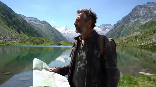 Man checks map near alpine lake, mountains backdrop, travel