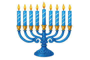 Illuminated Hanukkah Menorah with Blue Candles and Golden Holders, Festive Celebration Symbol