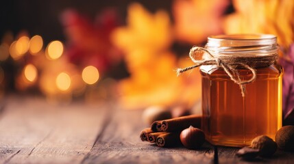 A cozy autumn scene featuring a jar of honey surrounded by cinnamon sticks and fallen leaves
