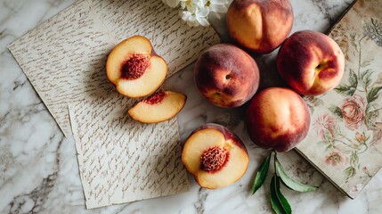 Flat lay of handwritten recipe cards and sliced peaches on a marble background