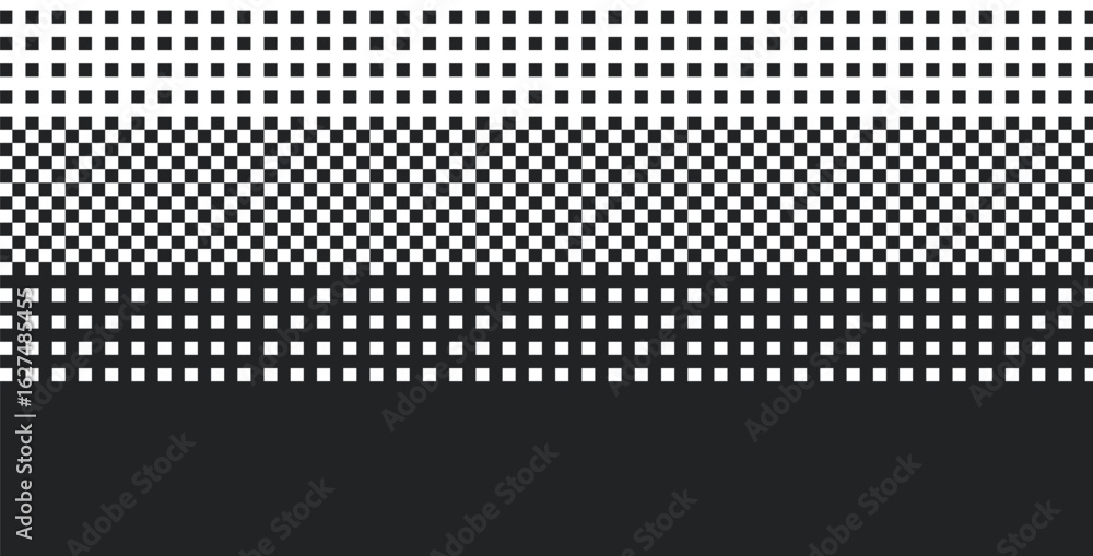 Poster pixel halftone gradient background. 8 bit pattern bitmap dither effect. black and white graphic grad