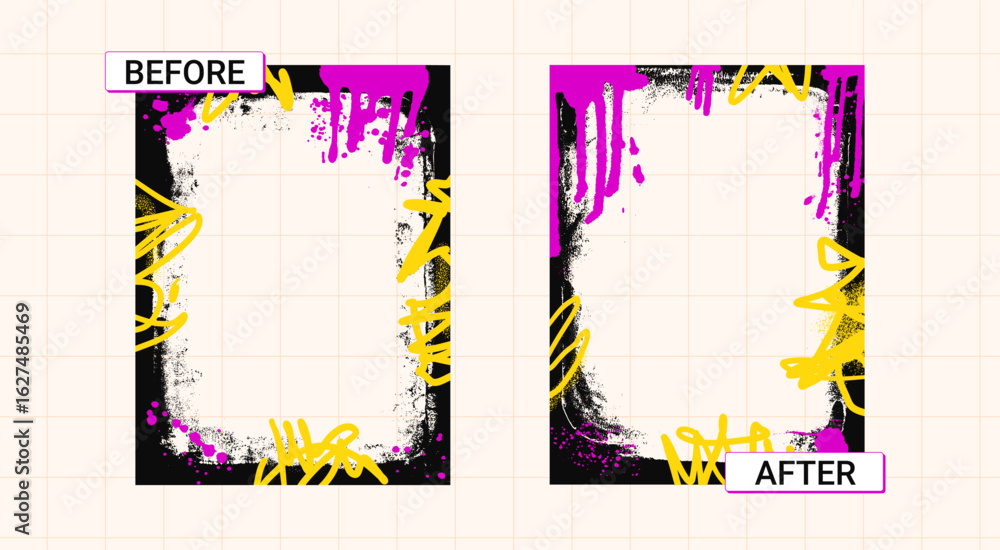 Poster before and after template. graffiti frames for photo comparison. competition layout borders with gru