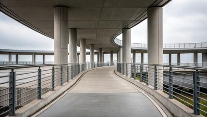 Modern concrete walkway with pillars and railings leading forward