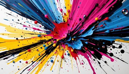 Expressive pop art splash composition with wide brush lines, layered paper tears