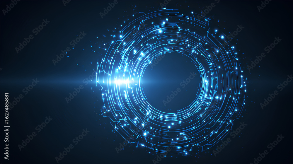 Poster abstract tech background. thin line circuit circle wires in blue on technology futuristic bg. artifi