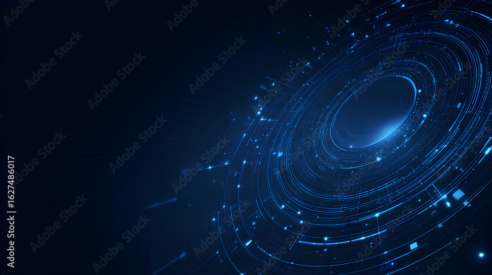 Poster abstract tech background. thin line circuit circle wires in blue on technology futuristic bg. artifi
