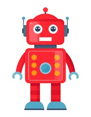A cartoon red robot with simple features stands against a white background