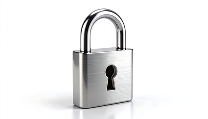 A metallic padlock, gleaming, sits on a stark white background