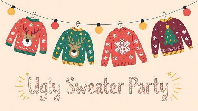 Ugly Christmas Sweater Party Invitation with Festive Sweaters and String Lights - Powered by Adobe