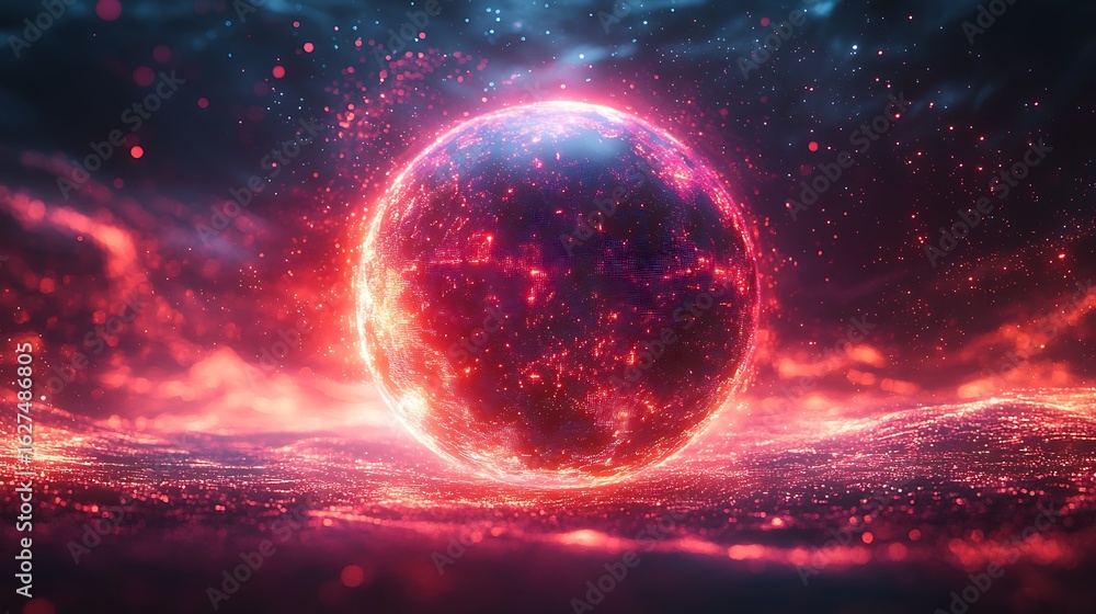 Poster a glowing red sphere with sparkling particles, set against a dark, cosmic background with fiery clou