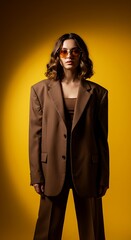 Stylish female model in a brown blazer and matching top posing in a bright yellow studio.