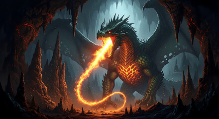 A powerful black dragon with glowing eyes and chest breathes a torrent of fire inside its dark, rocky cave lair.