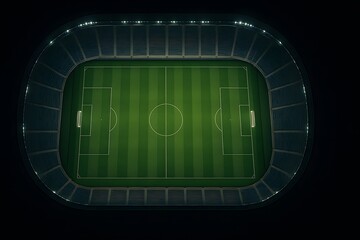 Top view of empty football stadium with green field and bright lights at night
