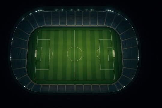 Top view of empty football stadium with green field and bright lights at night - Powered by Adobe