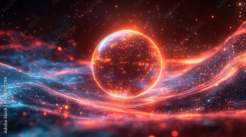 Poster a glowing spherical orb with fiery orange light and sparkling particles on a dark abstract backgroun