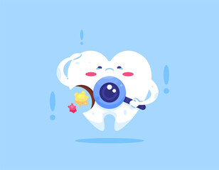 A concept of checking the condition of teeth. Analyzing dental health and hygiene. Illustration of a tooth character using a magnifying glass. Cavities. Flat style design. Elements. Blue background