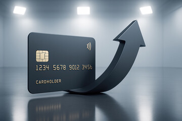 Modern credit card with rising arrow symbolizing growing number of card account holders, digital payments, banking technology, financial access, economic inclusion