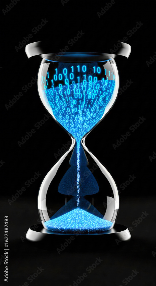 Poster hourglass with glowing blue binary code instead of sand, this concept represents big data processing