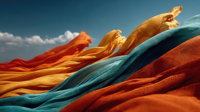 Colorful fabrics billow in the wind against a bright blue sky