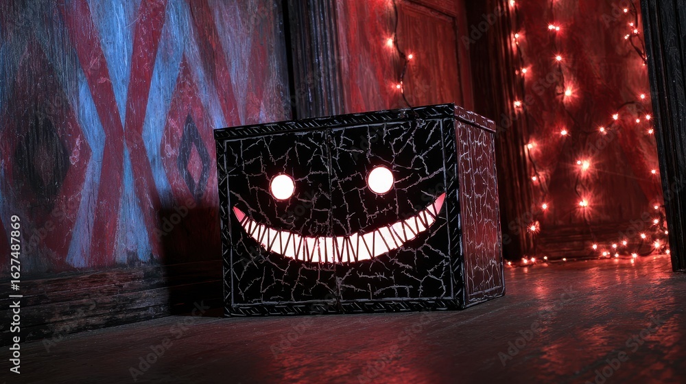 Poster mysterious smiling box illuminated in a dimly lit room with red lights and eerie wall patterns