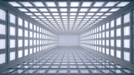 Obraz premium Geometric pattern of square windows and light fixtures in a corridor.