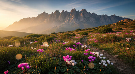 Fototapeta premium Wild cyclamen flowers in a mountain landscape in Corsica