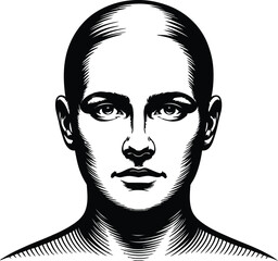 Striking black and white portrait showcases a bald head, capturing the essence of minimalist art with detailed linework and a focus on facial features, ideal for artistic projects.