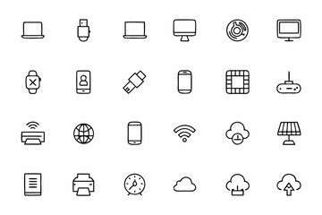 A sleek collection of line icons representing today’s essential digital tools and systems. Great for UI/UX, software dashboards, and tech blogs