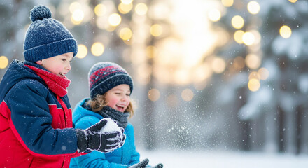 Two kids playing with snowballs in winter