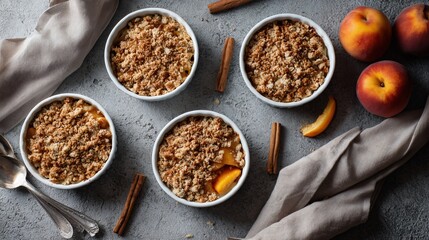 Flat lay of oat crumble and peach layer dessert in small ramekins, napkin folds and neutral props