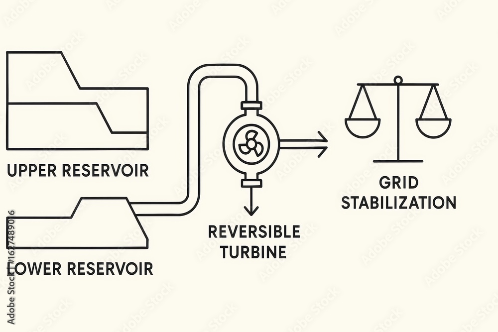 Aufkleber diagram of grid stabilization system with upper and lower reservoir and reversible turbine