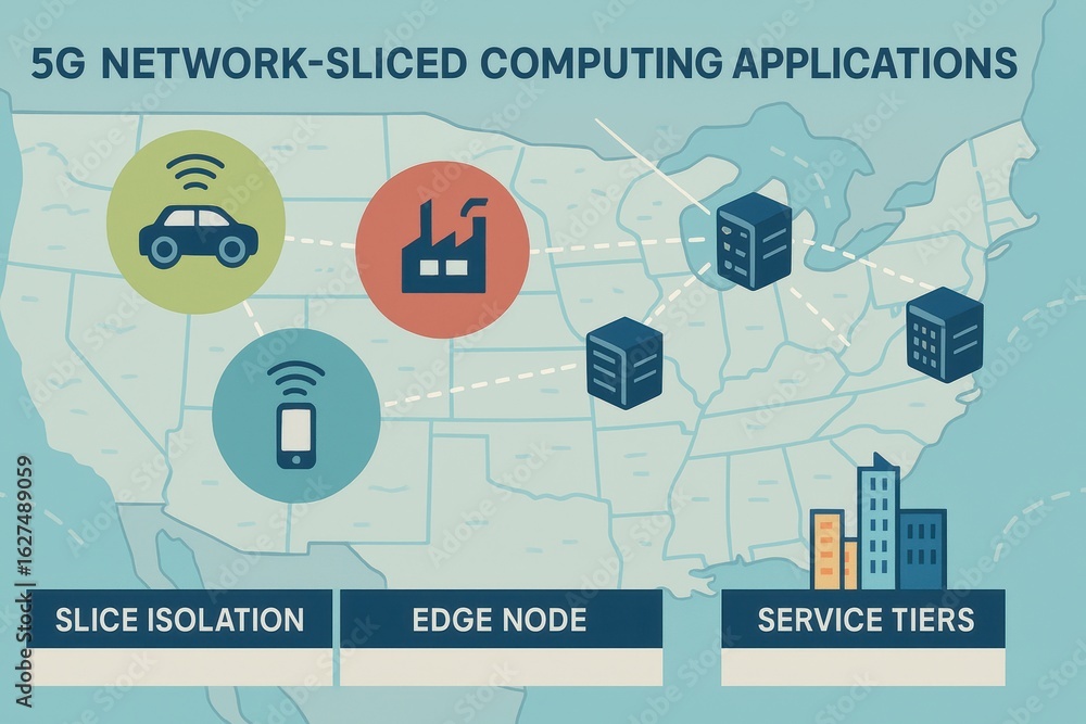 Poster 5g network-sliced computing applications on map with various icons in united states