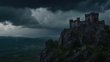 Spooky Fortress Perched on a Rocky Cliff at Night

