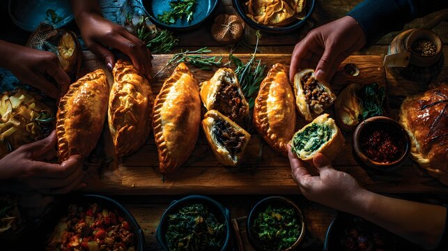 Diverse Group of Coworkers Sharing Handcrafted Empanadas at a perfect for workplace diversity campaigns, food culture articles, culinary blogs, multicultural event promotions and social bonding visual