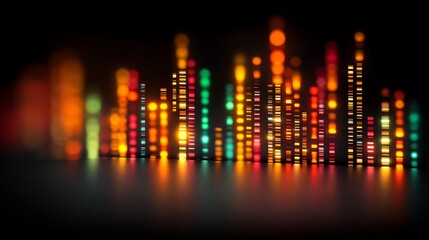 Colorful vertical rectangles resembling city skyscrapers at night with vibrant hues of orange, red, yellow, green, blue,