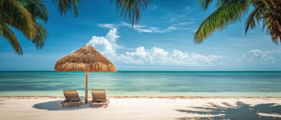 Obraz premium The serene beach with lounge chairs and a thatched umbrella under a clear sky.