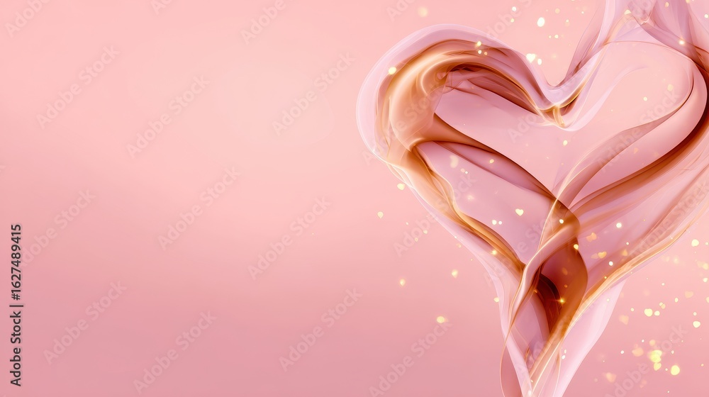 Poster abstract heart shape formed by flowing ribbons of soft colors against a pink background with sparkle