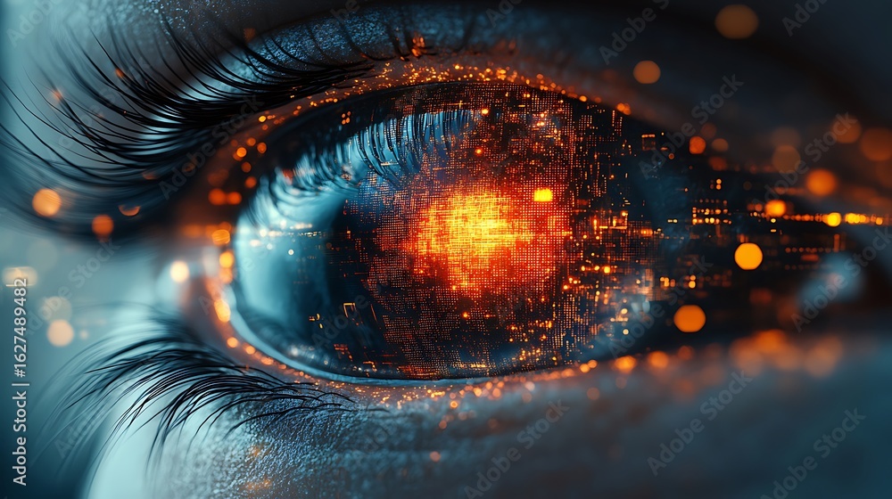 Poster closeup of a human eye with a digital circuit pattern and glowing data, representing futuristic visi