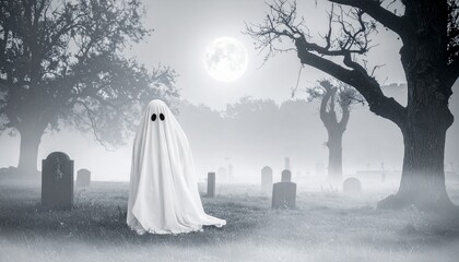 A ghostly figure in a white sheet stands amidst a misty graveyard under a full moon.