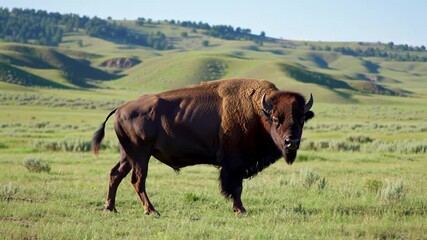 Majestic American Bison Grazing in Theodore Roosevelt National Park