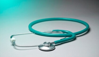 Teal stethoscope rests on a light gray surface, illuminated by a soft teal gradient background.