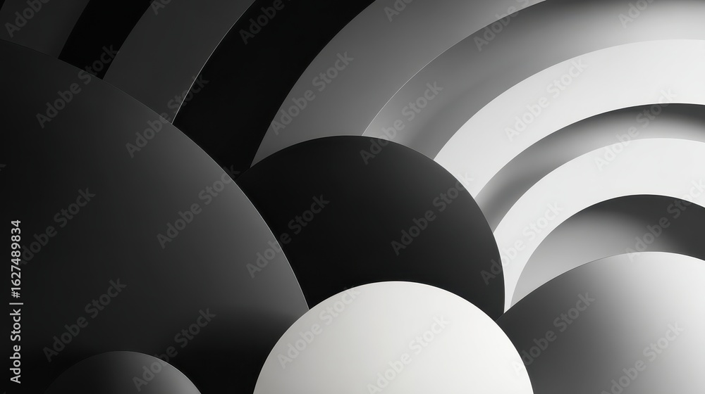 Poster abstract composition of black and white circular shapes creating a modern artistic background