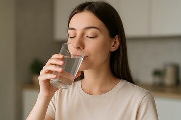 Young Woman with Closed Eyes Drinking Fresh Water from Glass in Bright Home Kitchen