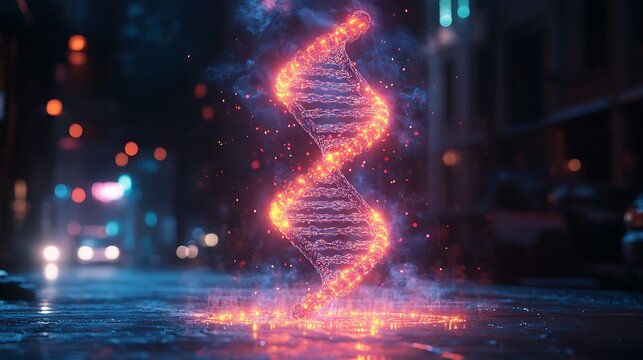 Glowing dna helix molecule with neon orange light particles on a wet urban street at night with bokeh lights.