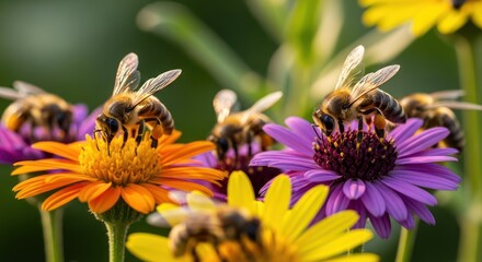 Close up of bees pollinating colorful wildflowers showcasing natures beauty and the crucial role of pollination in the ecosystem