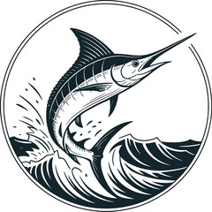 A striking marlin leaps from stylized waves within a circular frame, showcasing a powerful aquatic scene perfect for fishing enthusiasts or marine-themed designs.