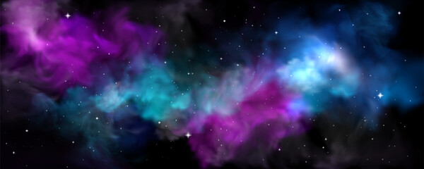 Cosmic nebula with vibrant purple and blue gas clouds - space background with stars, planet atmosphere and interstellar dust. Galaxy scenery for fiction astronomy wallpapers and universe designs.
