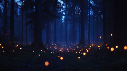 Dense forest at night with glowing fireflies, tall trees, magical atmosphere, serene, blue light